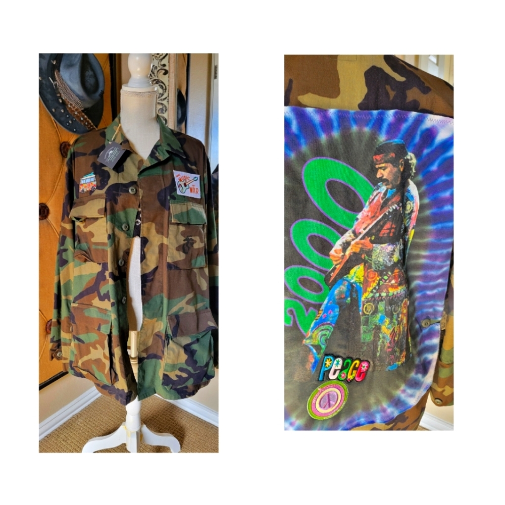 Vintage Camouflage Military Jacket with a Santana design and Woodstock patches.